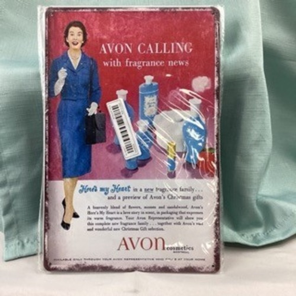 Vintage Avon Cosmetics Tin Metal Wall Signs Retro Beauty Advertising Decor 2pc